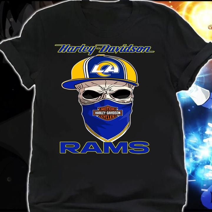 Los Angeles Rams skull wearing Harley-Davidson Cycles mask t-shirt shirt