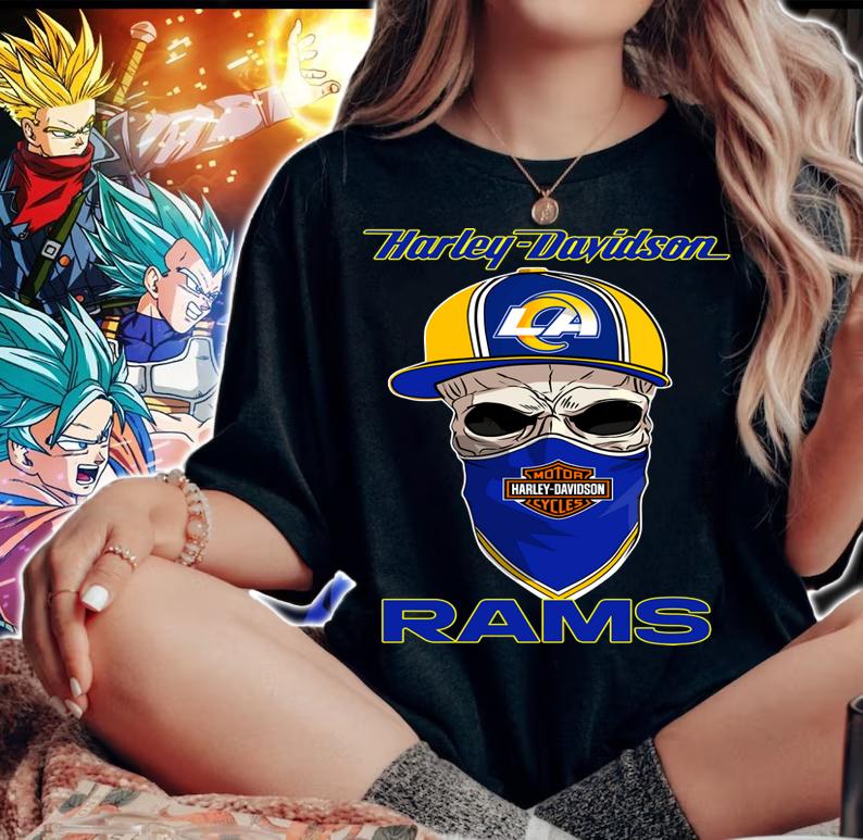 Los Angeles Rams skull wearing Harley-Davidson Cycles mask t-shirt woman shirt