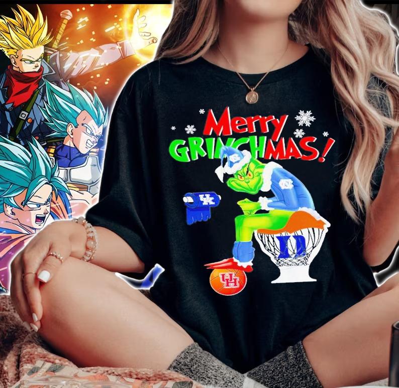 Merry Grinchmas The Grinch Carolina Tar Heels toilet on Kentucky Wildcats Duke Blue Devils and Houston Cougars shirt t-shirt woman shirt