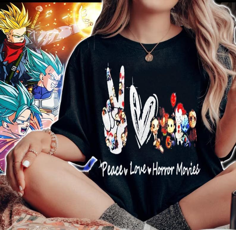 Peace Love Horror Movies Chibi Characters Halloween T-Shirt t-shirt woman shirt