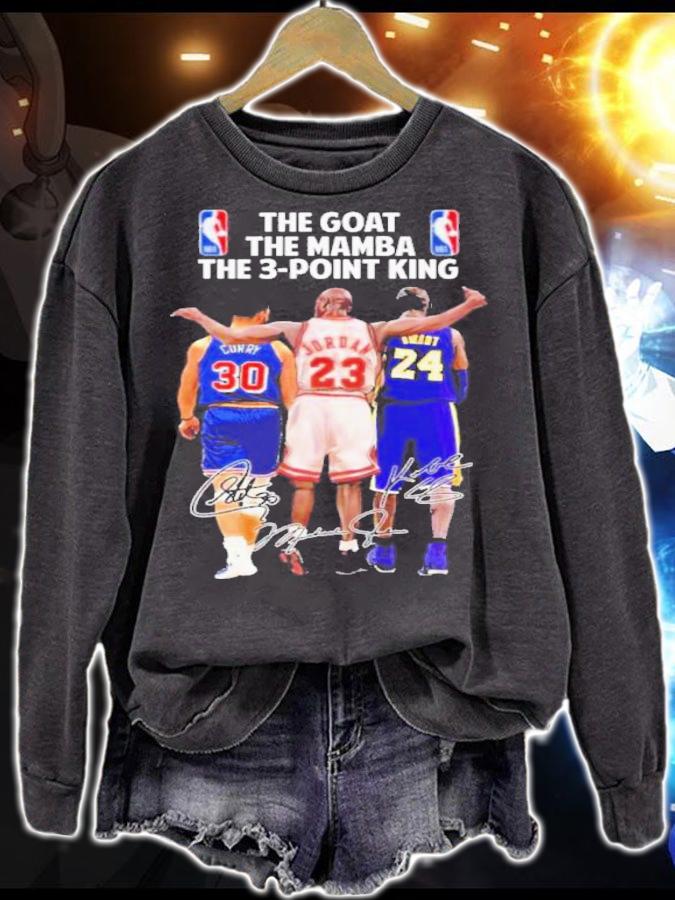 The Goat The Mamba The 3 Point King Curry And Jordan And Bryant Signatures Shirt t-shirt sweatshirt
