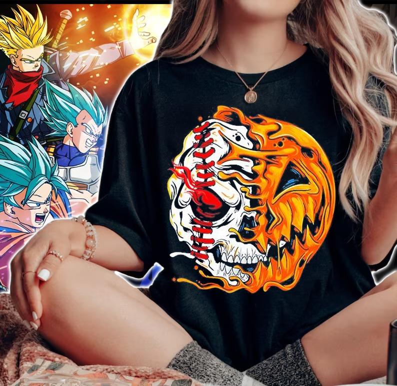 Baseball Player Halloween Pumpkin Skeleton Skull T-Shirt t-shirt woman shirt