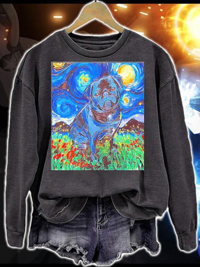 Black Pug Starry Night Van Gogh t-shirt sweatshirt