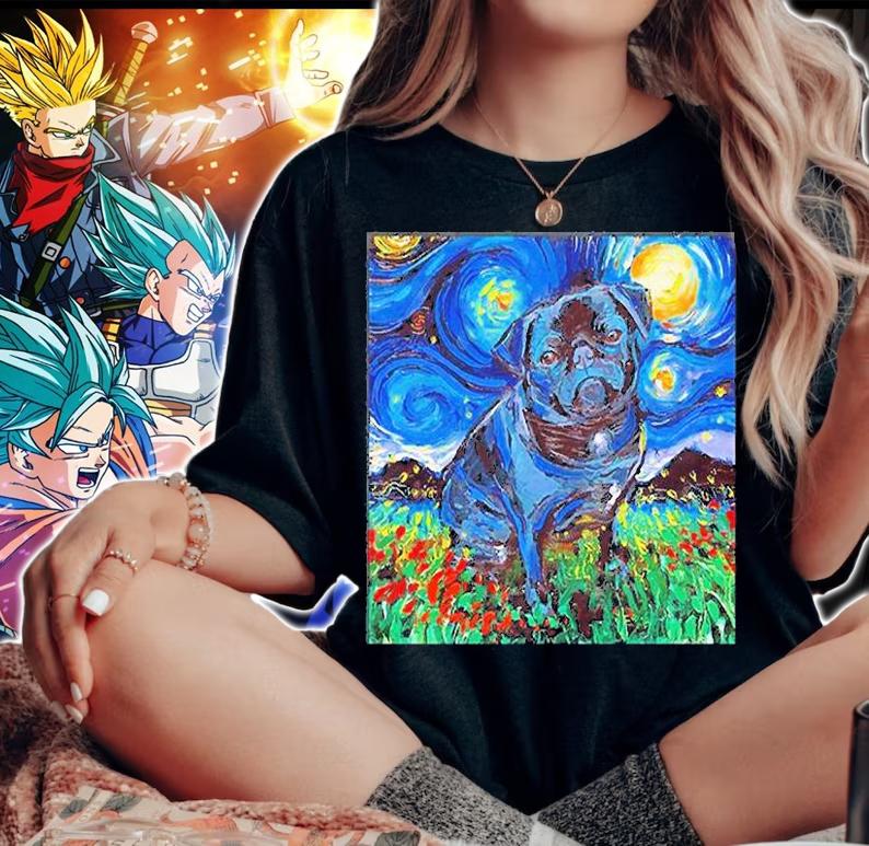 Black Pug Starry Night Van Gogh t-shirt woman shirt