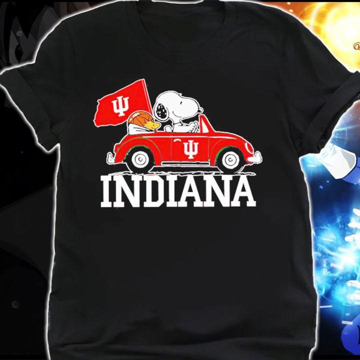 Snoopy And Woodstock Driving Car Indiana Hoosiers Flag t-shirt shirt