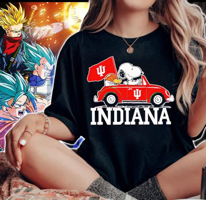 Snoopy And Woodstock Driving Car Indiana Hoosiers Flag t-shirt woman shirt