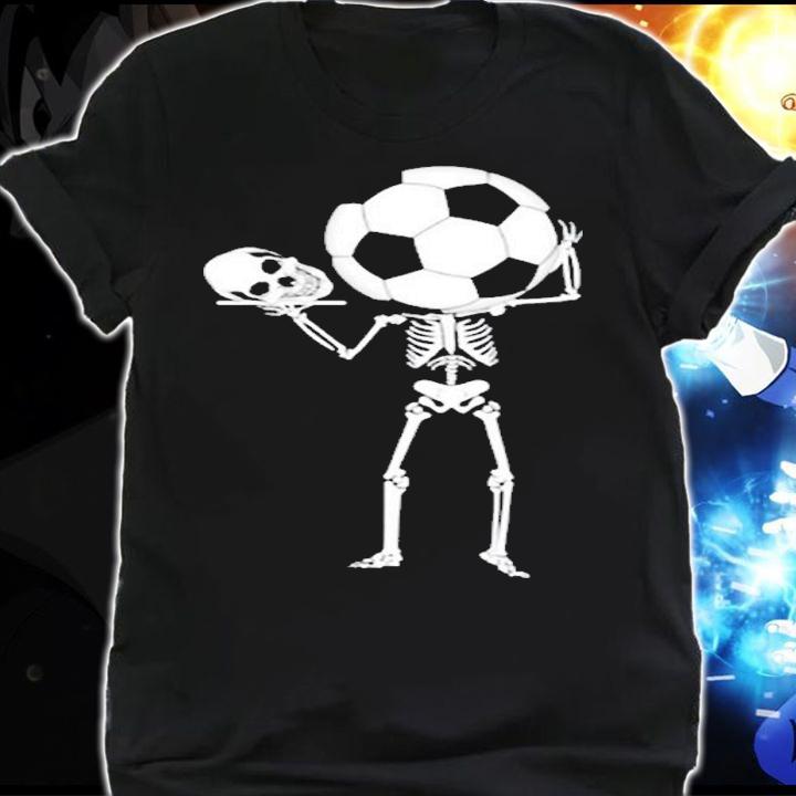 Skeleton Soccer Head Holding Skull Halloween T-Shirt shirt