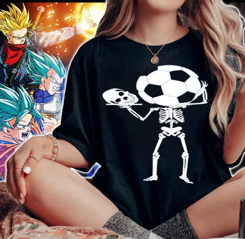 Skeleton Soccer Head Holding Skull Halloween T-Shirt woman shirt