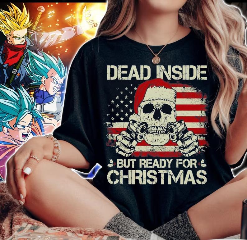 Dead Inside But Ready For Christmas USA Flag Skull Santa Claus Vintage T-Shirt woman shirt