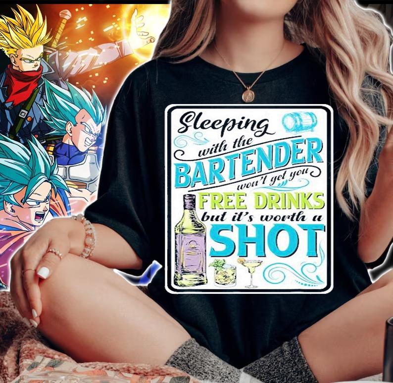 Funny Retro Badge Style Sleeping With A Bartender T-Shirt woman shirt