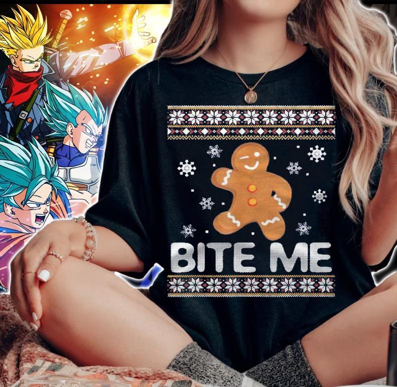 Funny Ugly Christmas Sweater Bite Me Gingerbread Shirt woman shirt