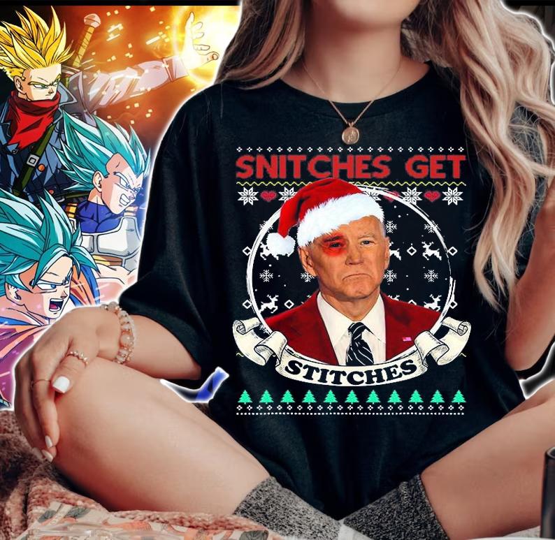 Snitches Get Stitches Anti Liberal Joe Biden Ugly Christmas T-Shirt woman shirt