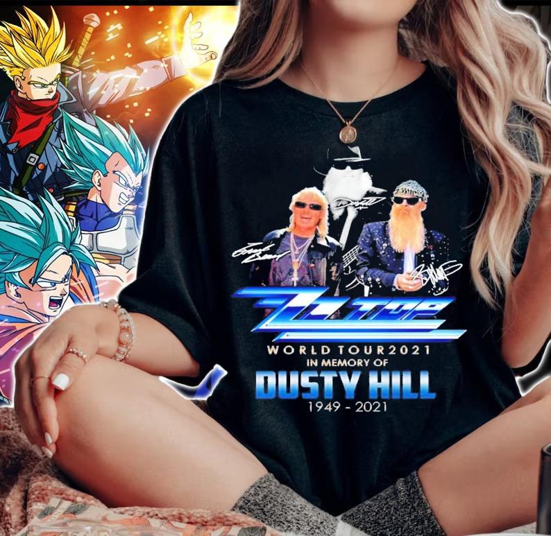 ZZ Top world tour 2021 in memory of Dusty Hill signatures t-shirt woman shirt