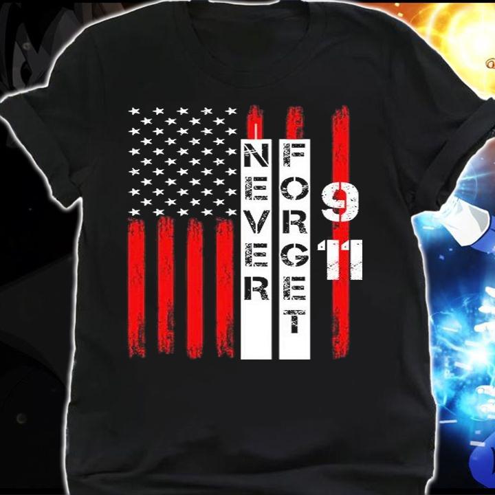 Never forget 9 11 nine eleven memorial distressed US American flag T-shirt shirt