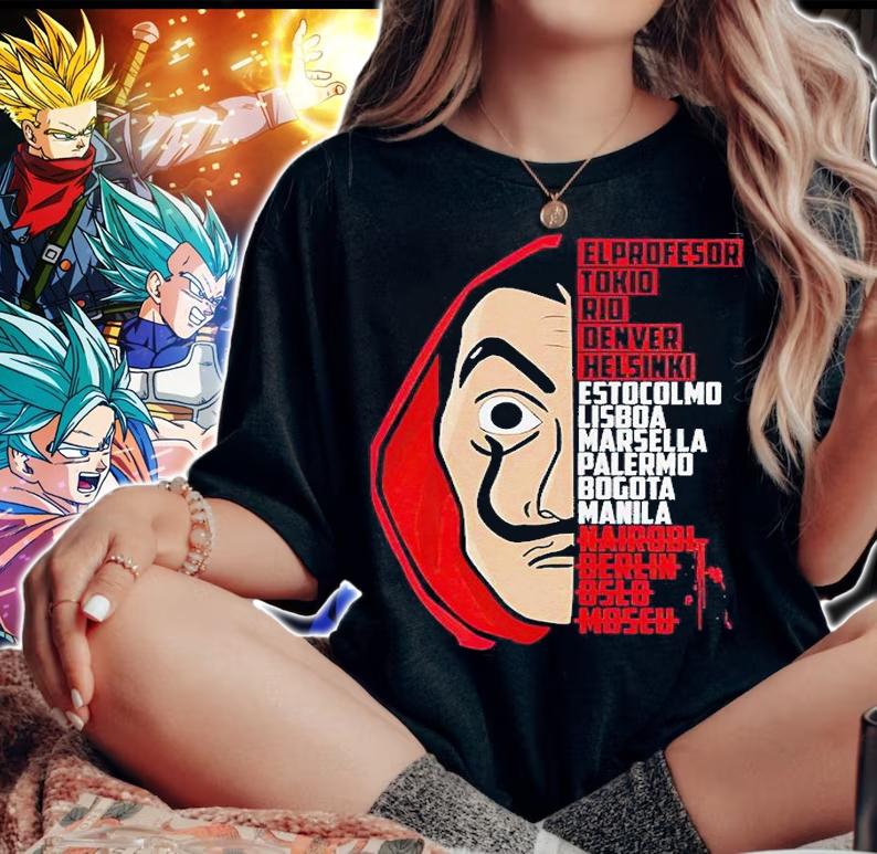 La Casa De Papel El Profesor Tokio Rio Denver Helsinki Estocolmo Lisboa Marsella Palermo Bogota Manila Nairobi Derlin Oslo Moscu T-shirt woman shirt