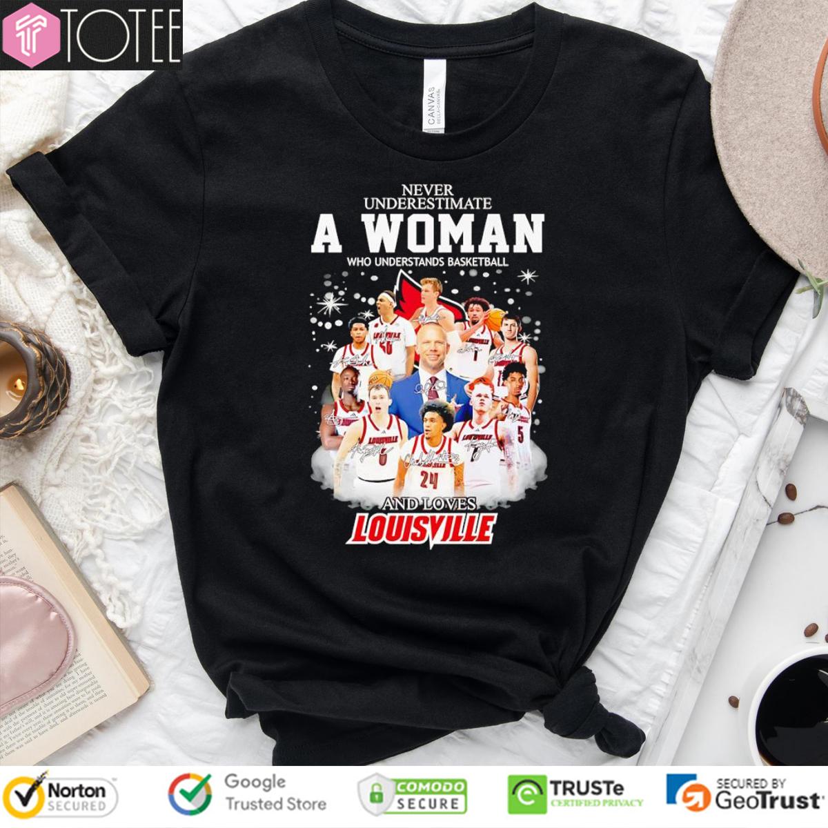 Never Underestimate A Woman Who Loves Louisville Basketball Coach & Players Signed T-Shirt
