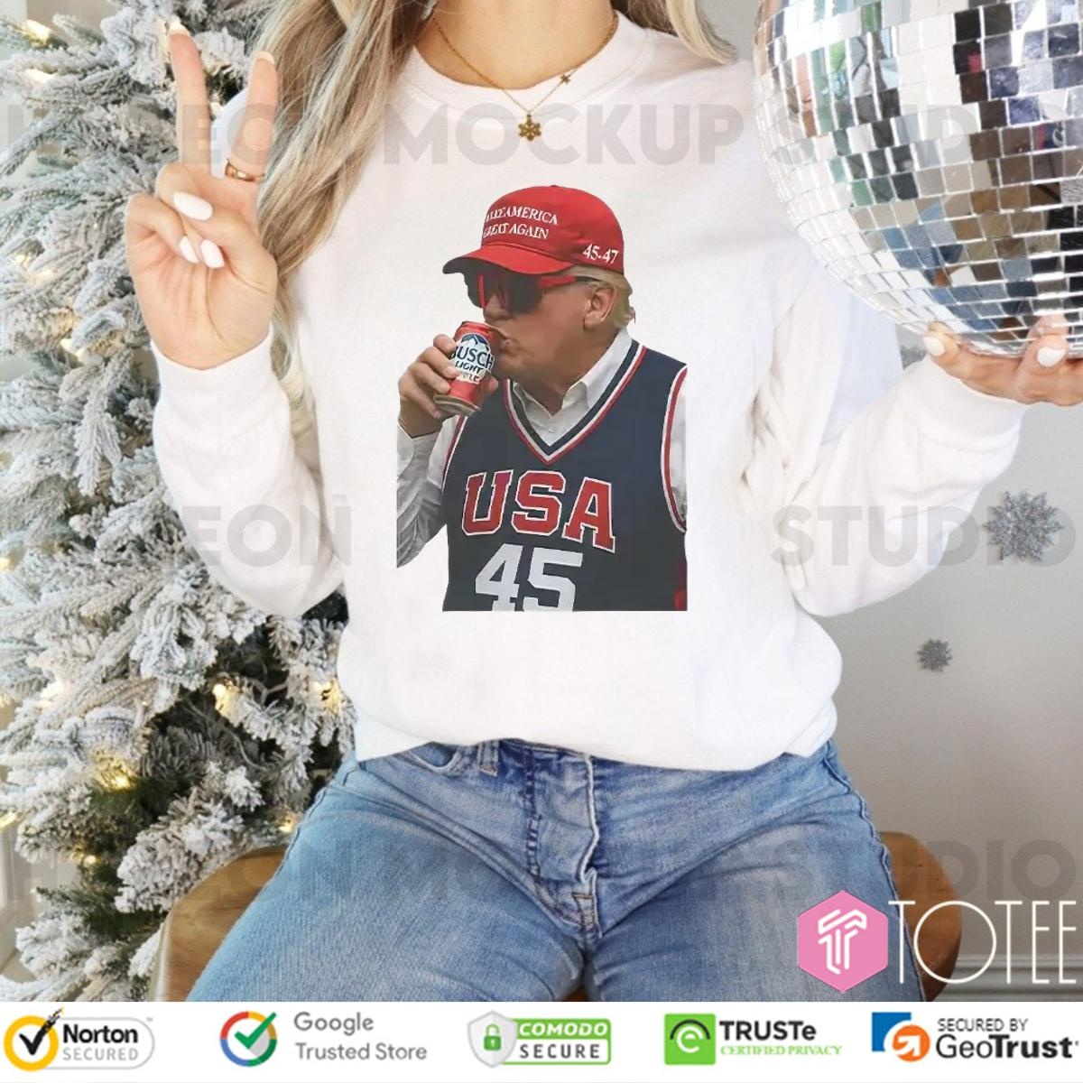Trump Wearing Maga Hat And Drinking Busch Light Beer Long Sleeve